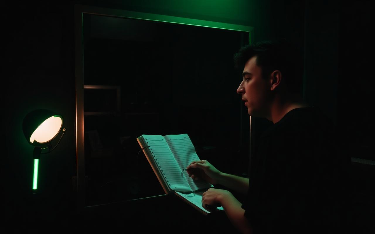 Beatboxer übt mit Notizbuch im Halbdunkel