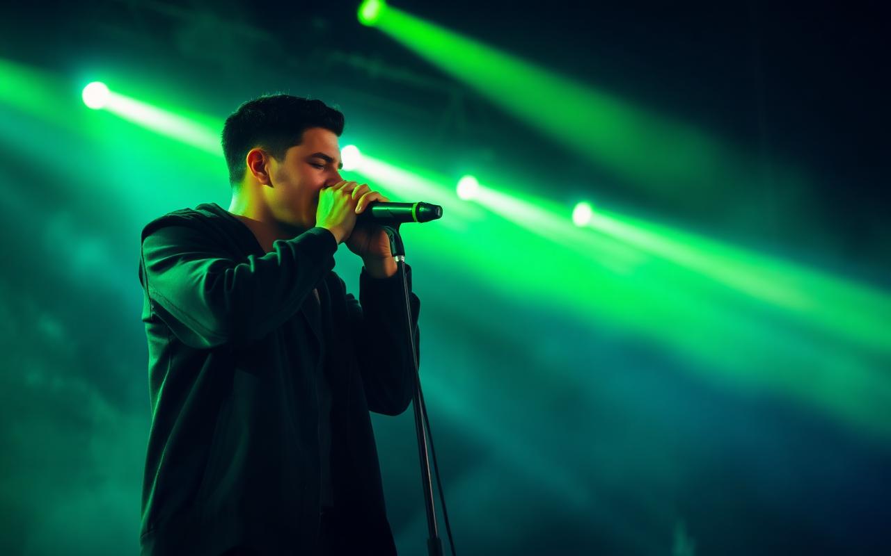 Beatboxer auf der Bühne im grünen Scheinwerferlicht