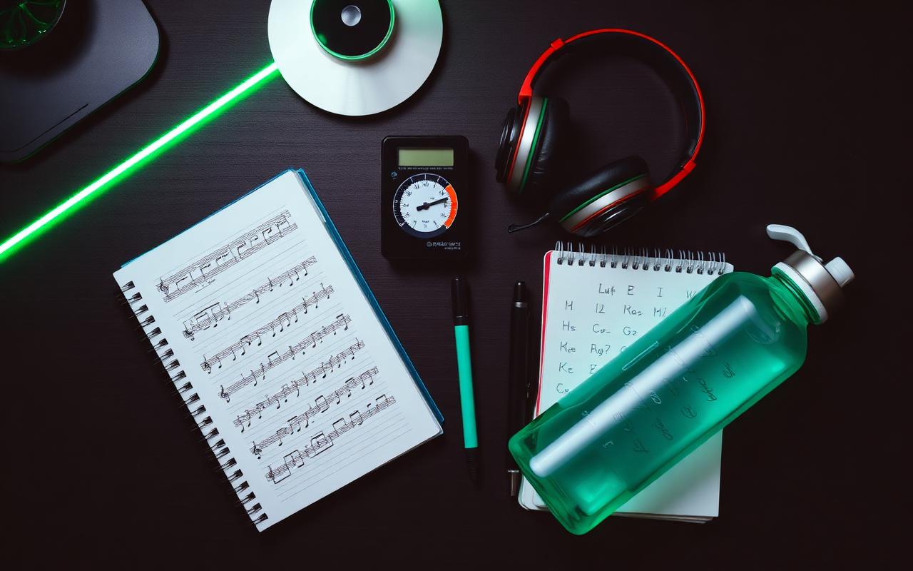 Beatbox-Übungs-Setup mit Metronom und Notizen