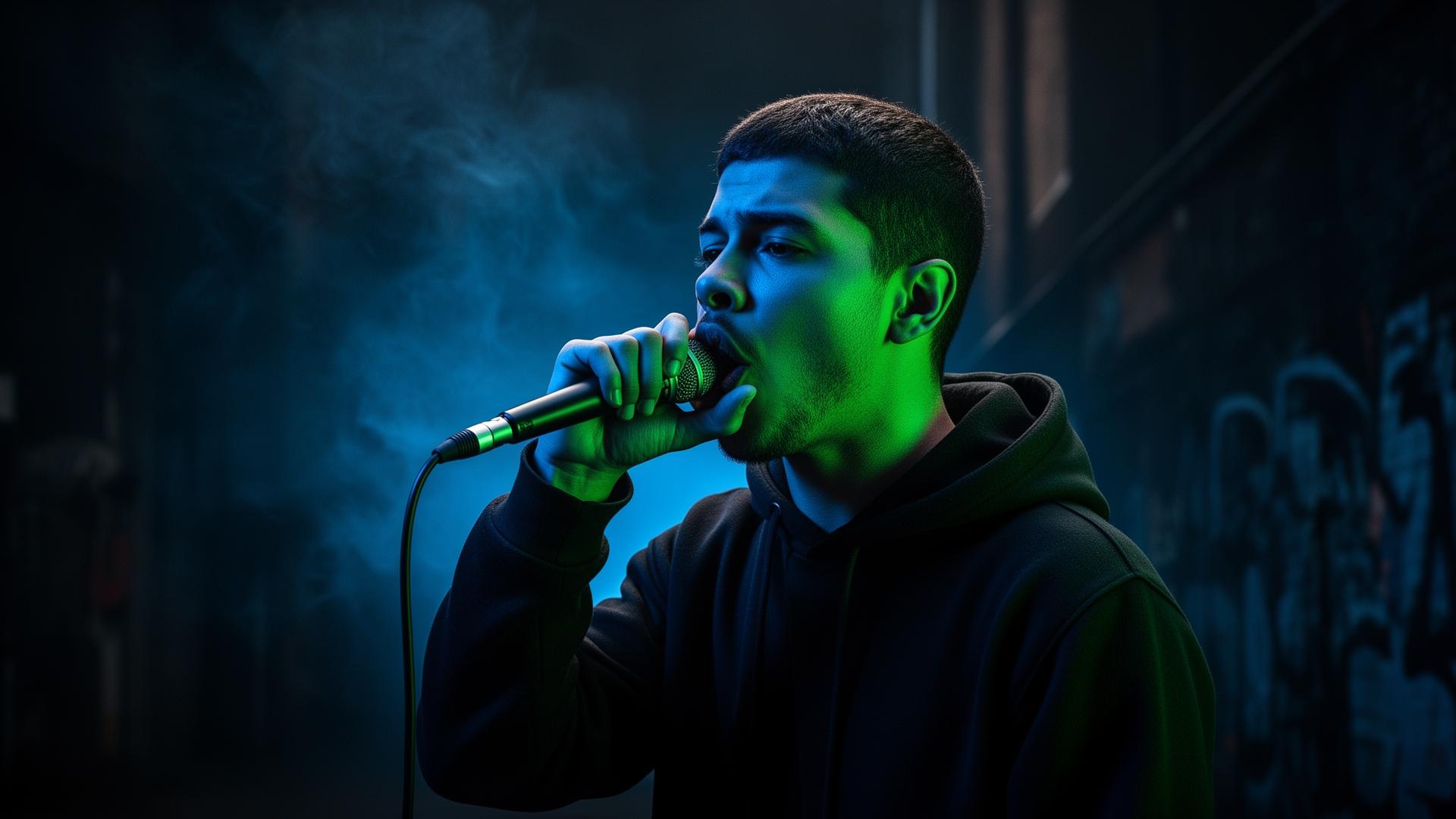 Beatboxer mit Mikrofon in Großaufnahme